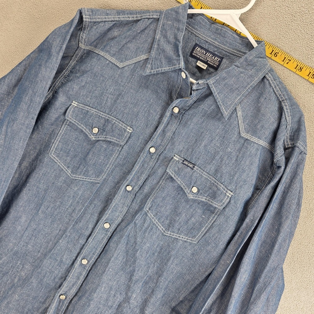 Iron Heart Shirt Mens 2XL Blue Chambray Long Sleeve Western Pearl Snap Linen